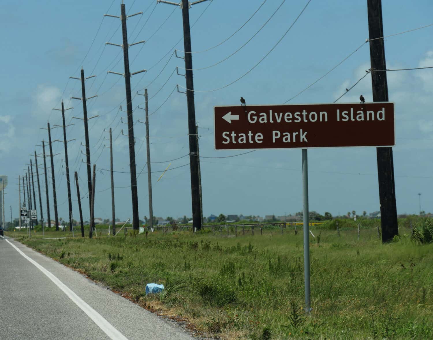Roadside sign with direction to Galveston Island State Park with rows of power poles in the background