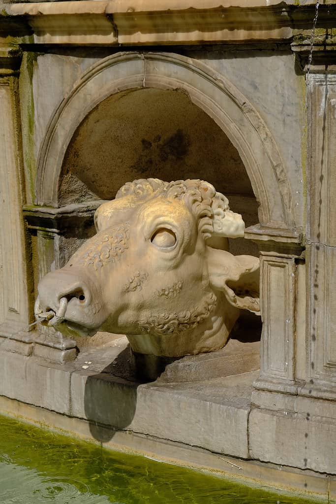 The sculpture of the bull is part of the Fountain of Shame on Pretoria square in Palermo, Sicily, Italy.