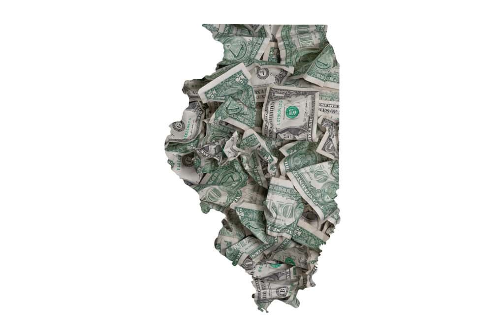 Illinois State Map, Crumpled United States Dollars, Waste of Money Concept