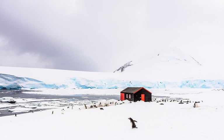 Port Lockroy, a natural harbor on north-west shore of Wiencke Island in Palmer Archipelago of the British Antarctic Territory.