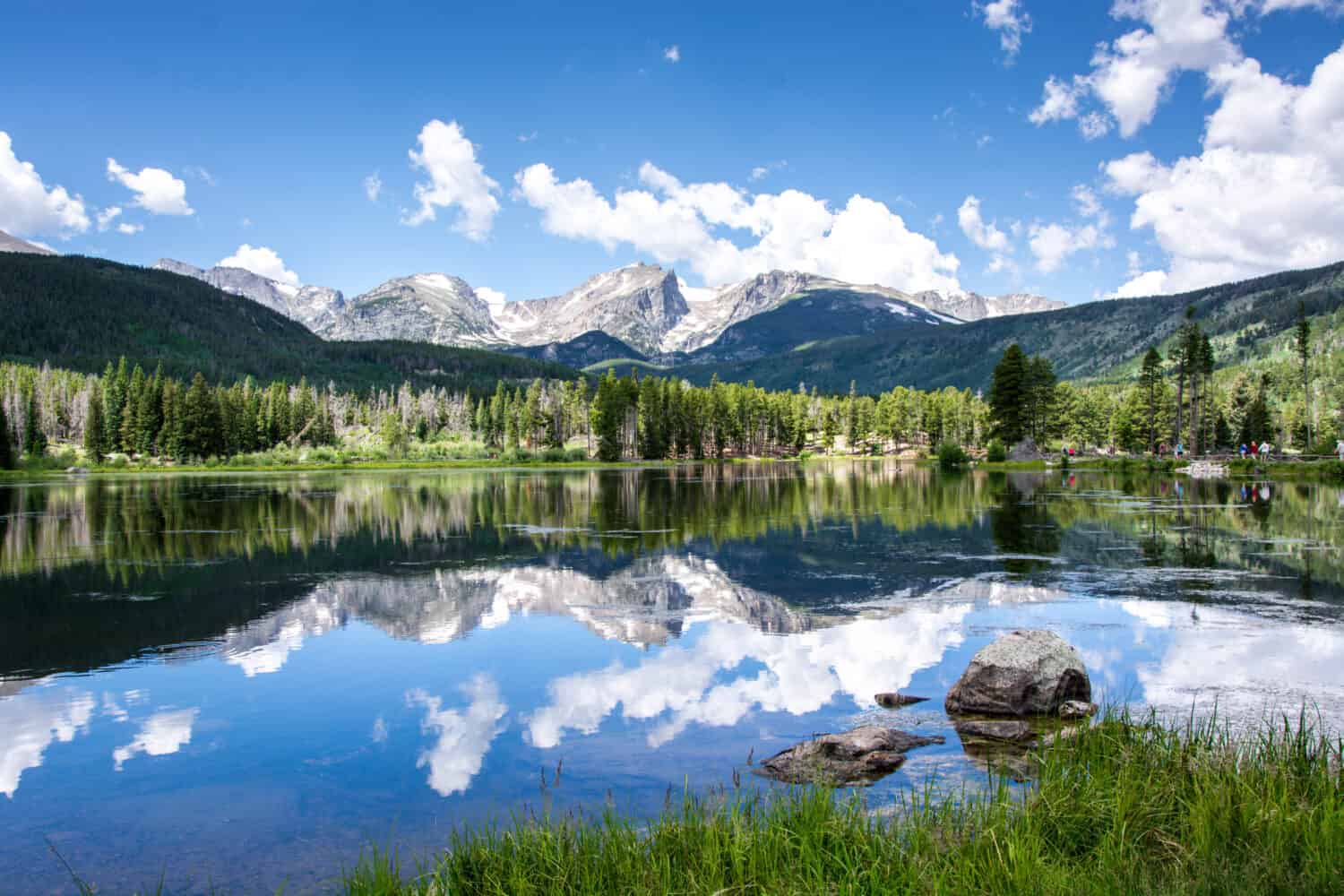 beautiful reflection of the rocky mountains in the sprague lake with green pine forest in the background in summer with blue sky in the rocky mountain national park, colorado, united states of america