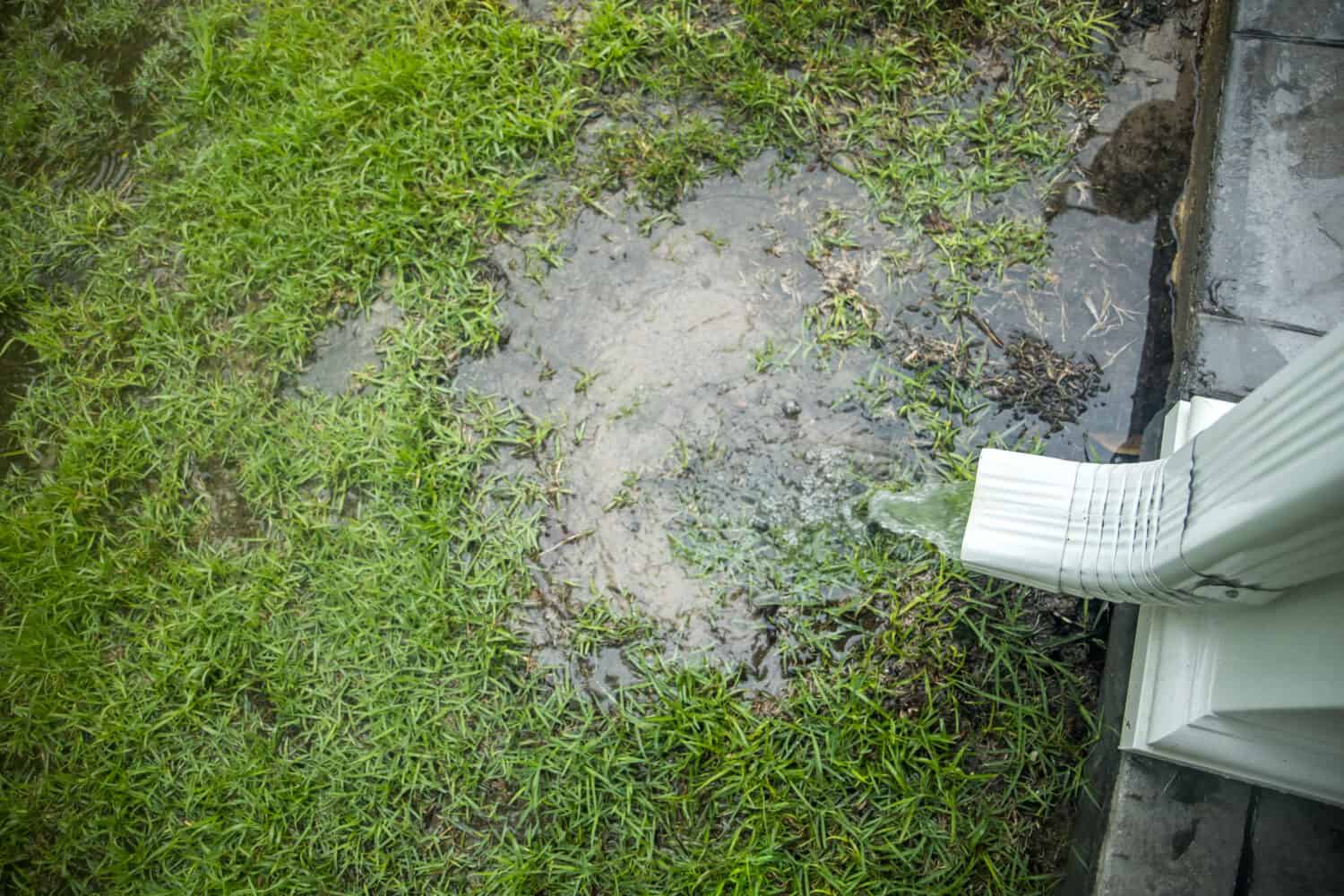 Hard rainwater pouring out of getters and a drain spout after a day of heavy rains and storms