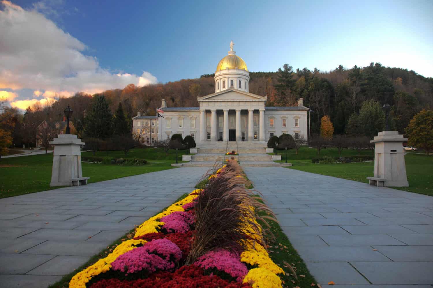 Vermont State House in fall at sunset, Montpelier, VT