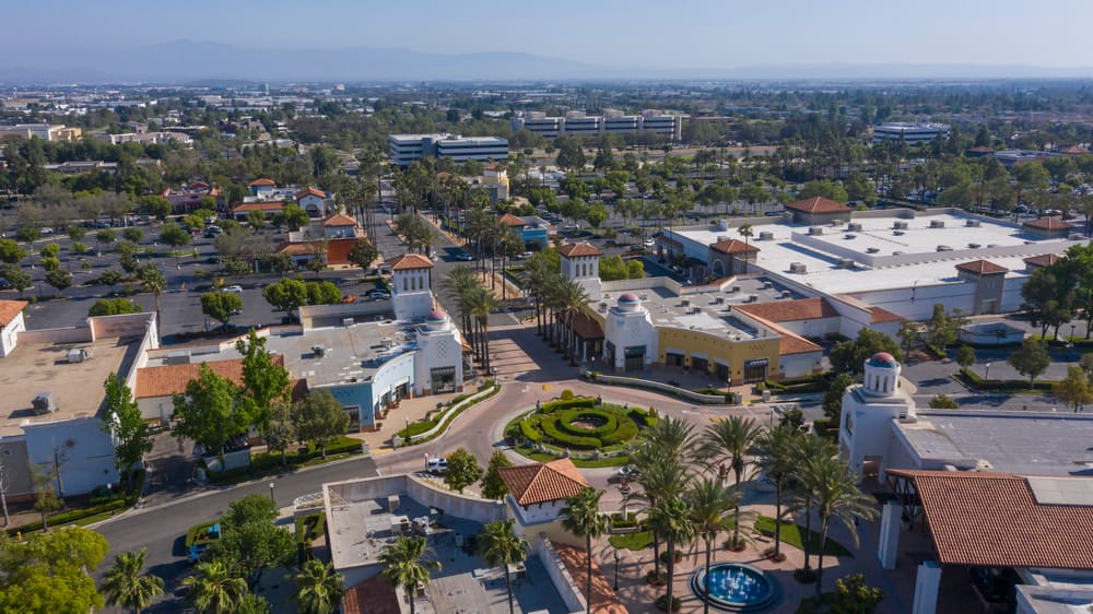Aerial view of the downtown area of Ranacho Cucamonga, California.