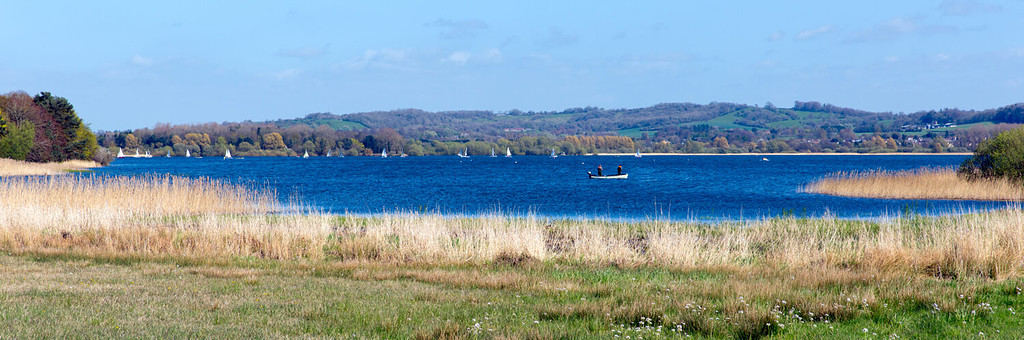 Panorama of Chew Valley Lake and reservoir Somerset England an important site for wildlife bird watching sailing and fishing