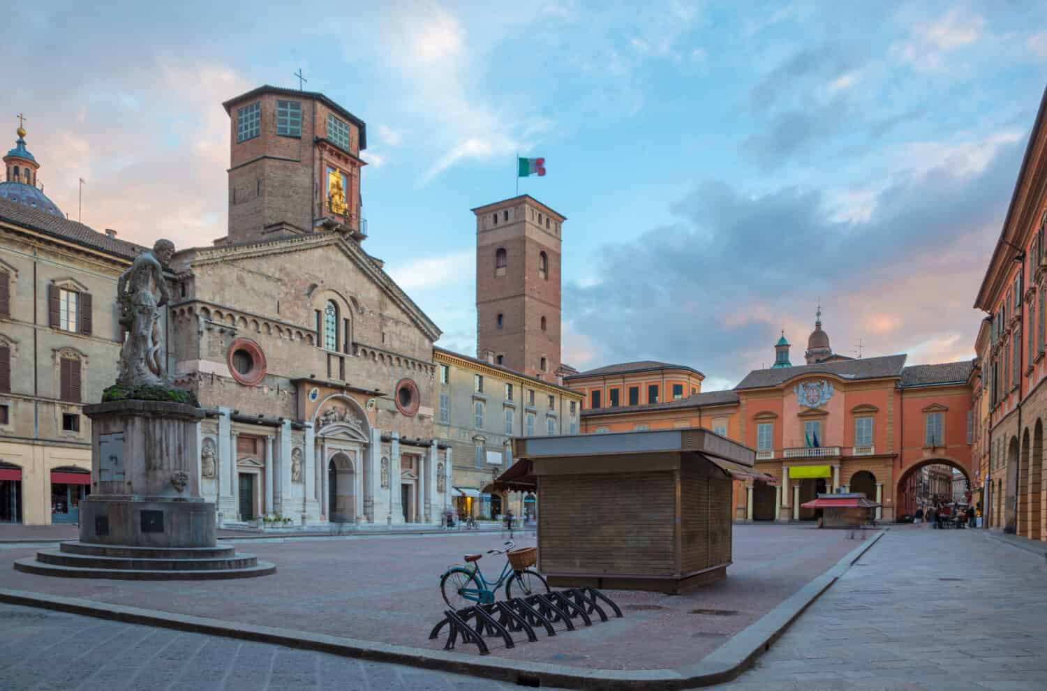 Reggio Emilia  - The square Piazza del Duomo at dusk.