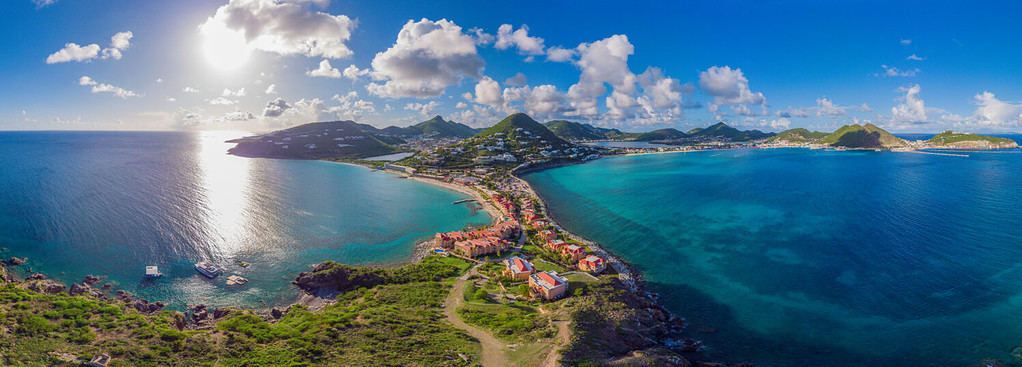 High Aerial view of the Caribbean island of French and Dutch St.Maarten and St martin.