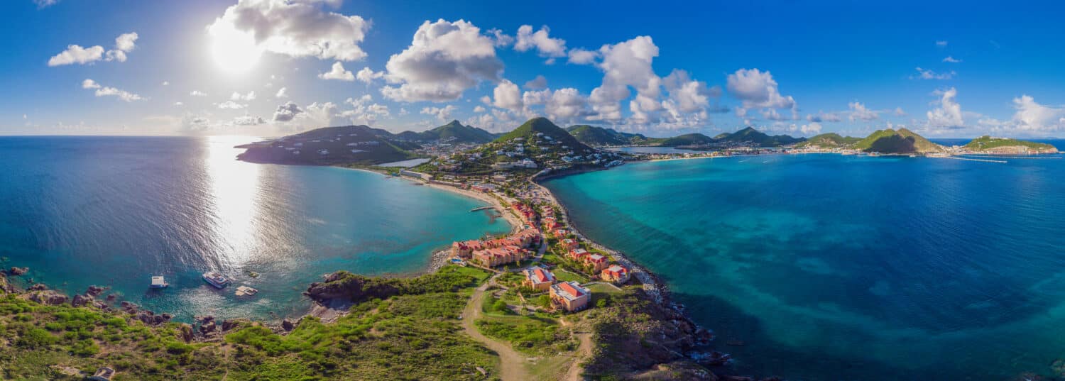 High Aerial view of the Caribbean island of French and Dutch St.Maarten and St martin. 