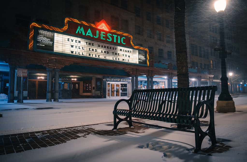 Snow Day at the Majestic Theater in San Antonio, Texas. Snowy winter weather after a blizzard snow storm in winter