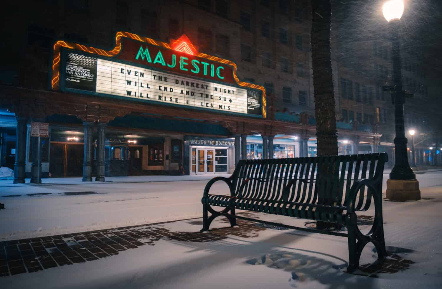Snow Day at the Majestic Theater in San antonio, Texas. Snowy winter weather after a blizzard snow storm in Winter