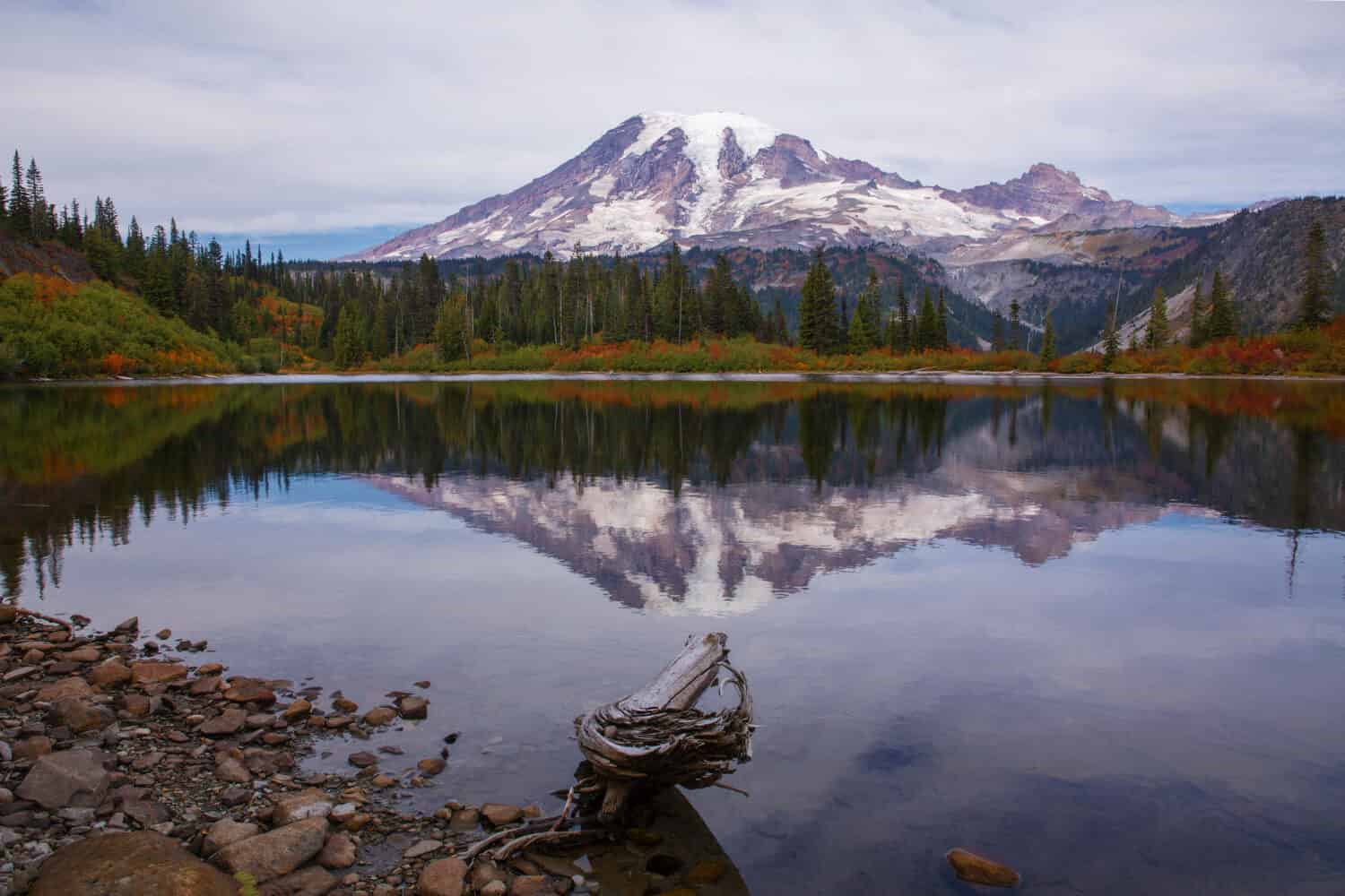 Bench Lake and Mt. Rainier with beautiful, calm reflections in autumn at Mt. Rainier National Park in Washington state