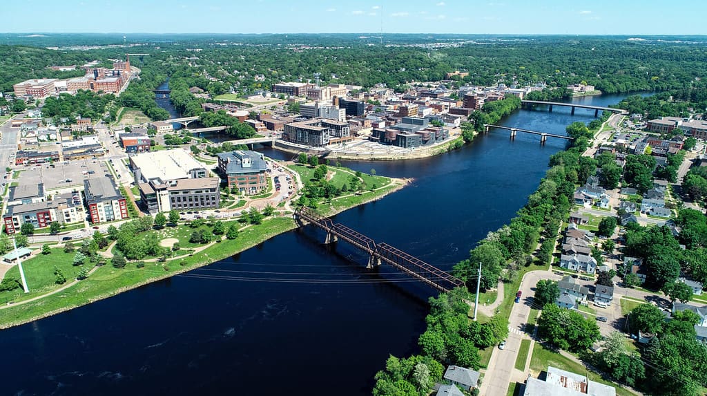 aerial photograph of the Chippewa River approaching the confluence in downtown eau claire wisconsin