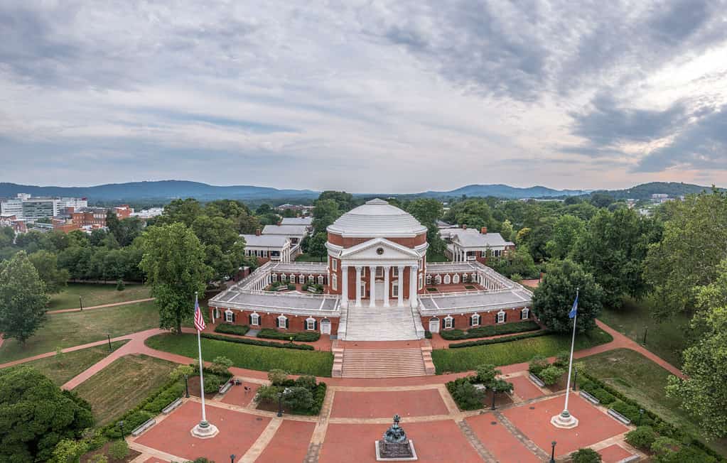 Aerial view of the famous Rotunda building of the University of Virginia in Charlottesville with classic Greek arches design by President Jefferson iconic building of the campus