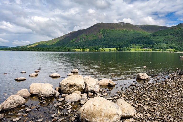 View of Bassenthwaite Lake on a cloudy summer afternoon, Lake district, England
