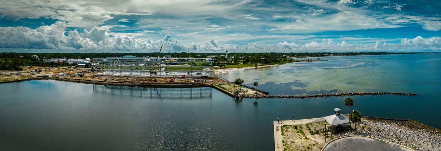 Aerial panorama of new marina being built Port St. Joe Florida in St. Josephs Bay