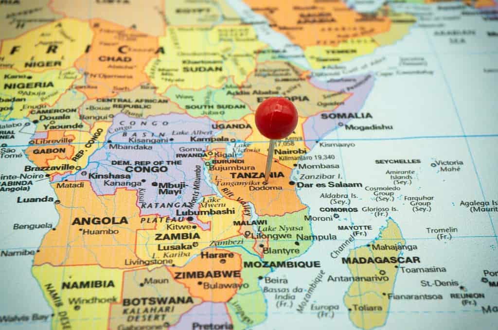 Mark Dodoma,capital of TANZANIA on the world map with a red pin. Selective focus on the city or country name. Africa Region.travel and news event concepts.
