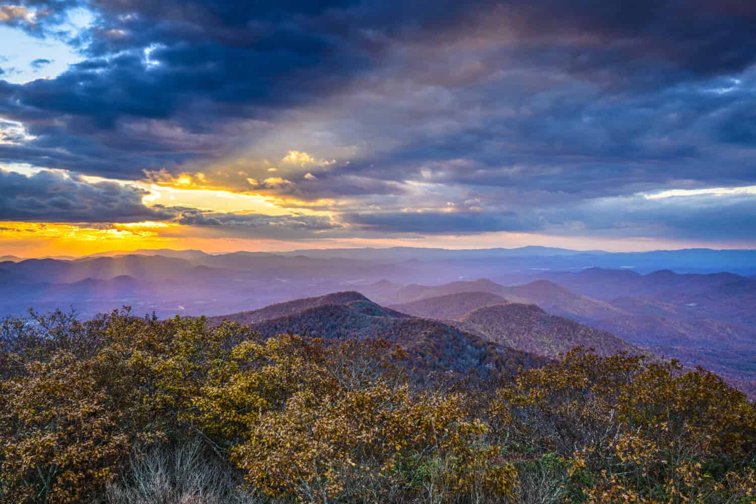 Blue Ridge Mountains in North Georgia, USA in the autumn season at sunset.