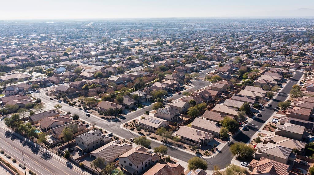 Afternoon aerial view of sprawling suburban single family housing in Peoria, Arizona, USA.