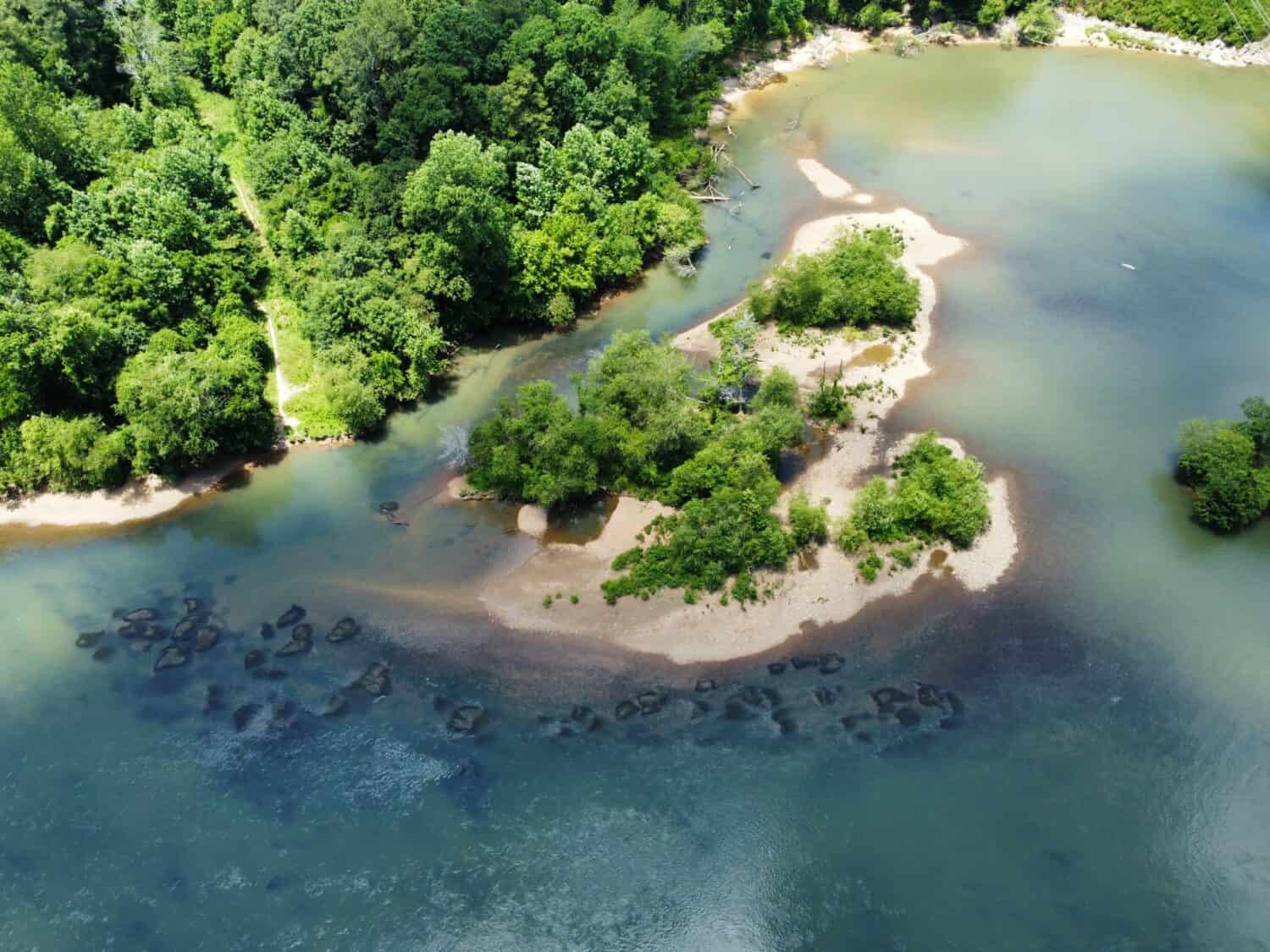 Mini island on Chattahoochee River at Morgan Falls Park, Roswell, Georgia.