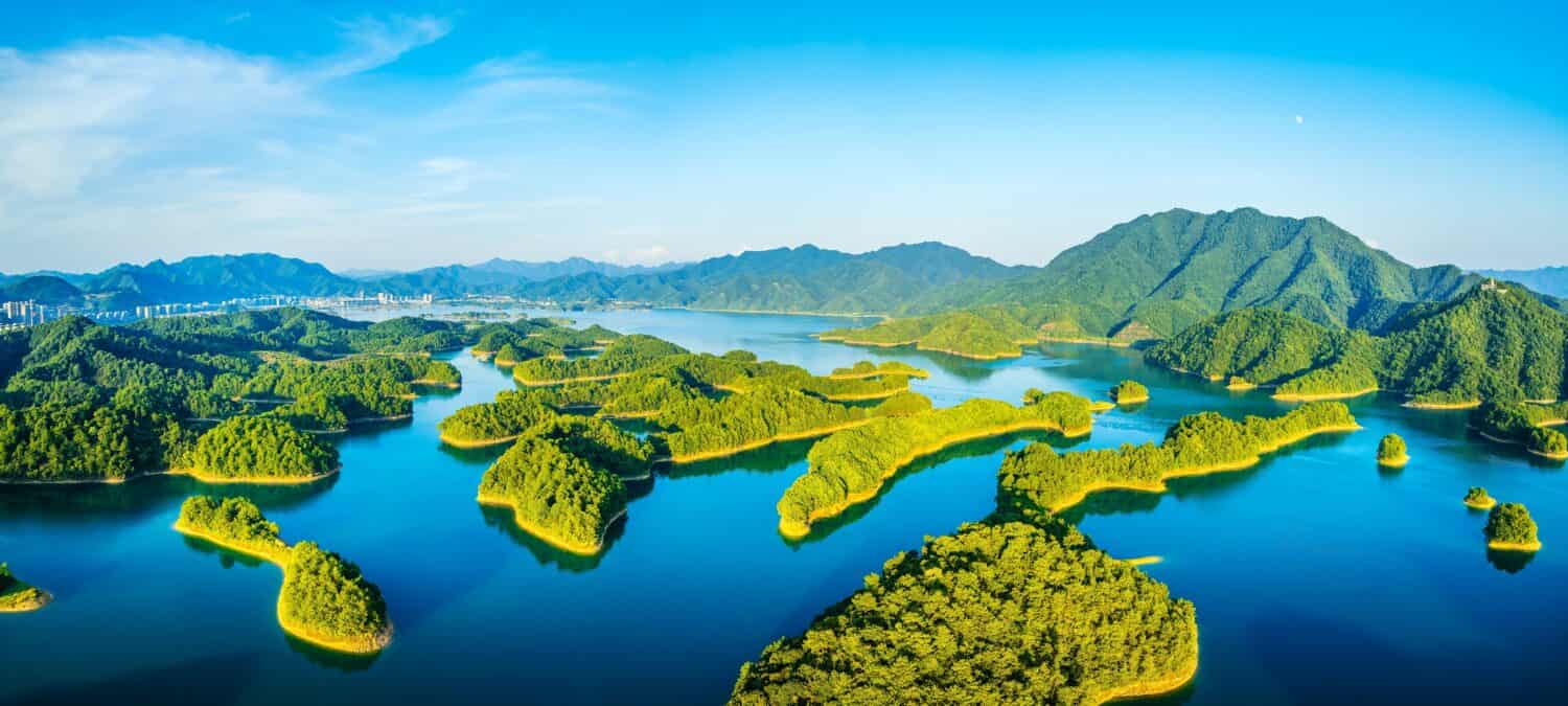 Aerial view of beautiful Thousand Island Lake natural scenery in summer, Hangzhou, Zhejiang Province, China. Clean lake water and green mountain nature landscape.