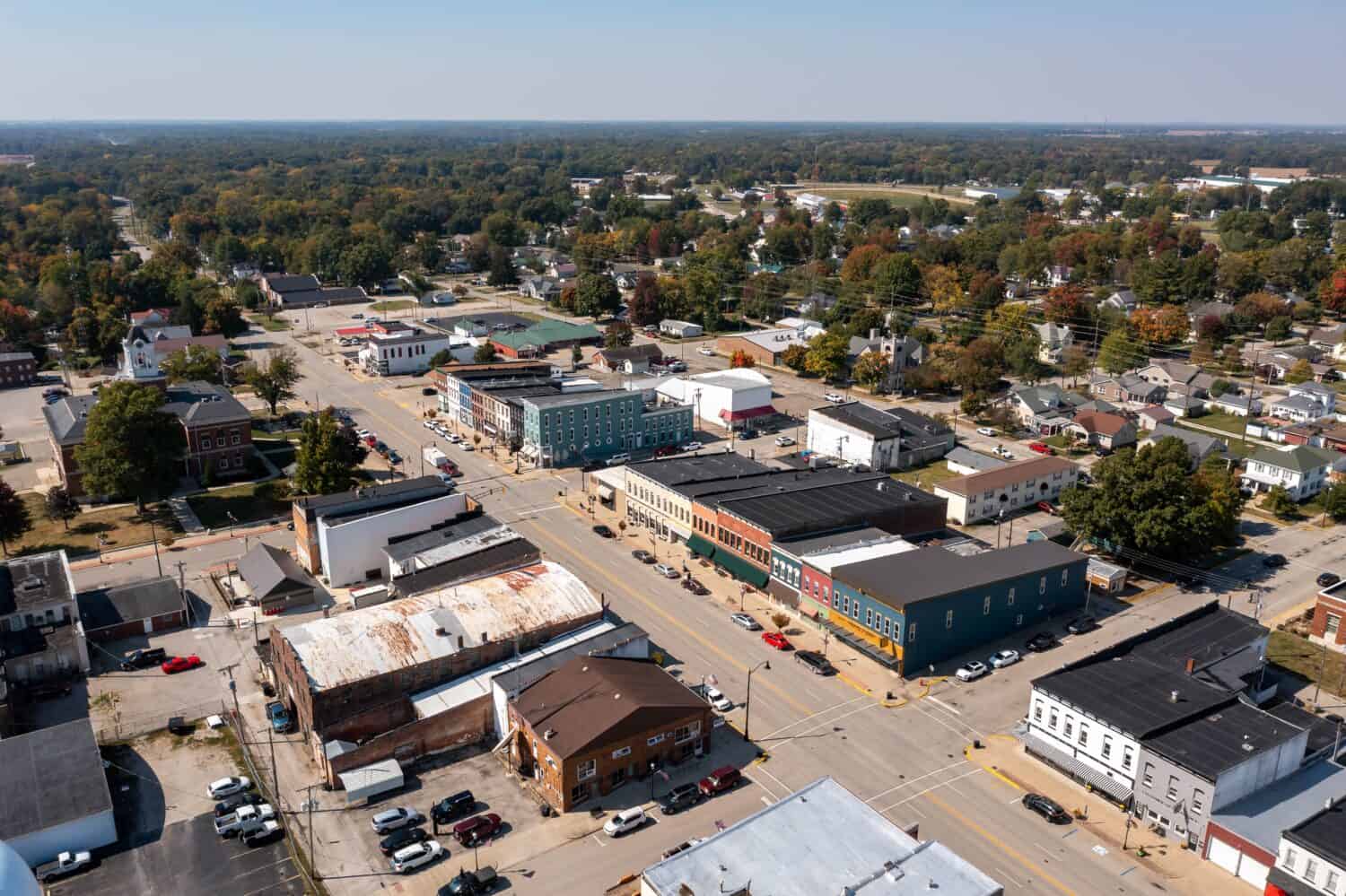 Aerial imagery of Marshall, Illinois downtown in the fall.