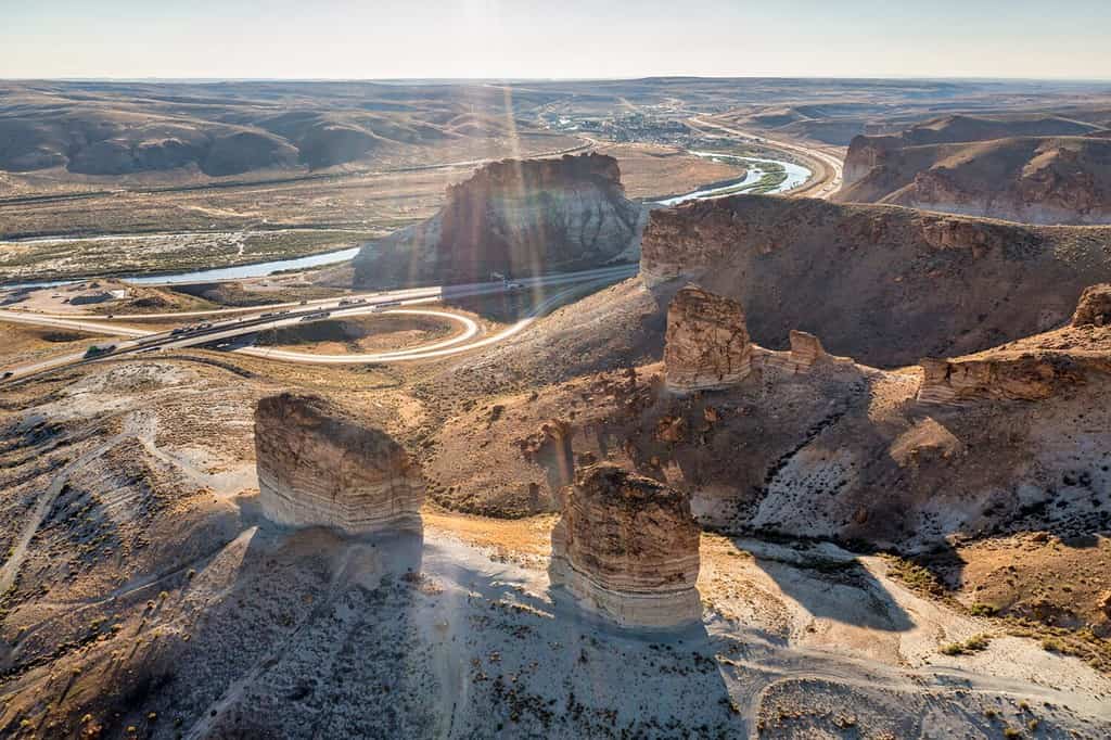Aerial view of Pilot Butte Wild Horse Scenic Loop on Highway 80 in Wyoming