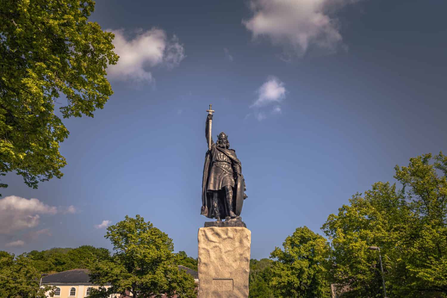 Statue of king Alfred the Great in the medieval town of Winchester in Wessex, England.