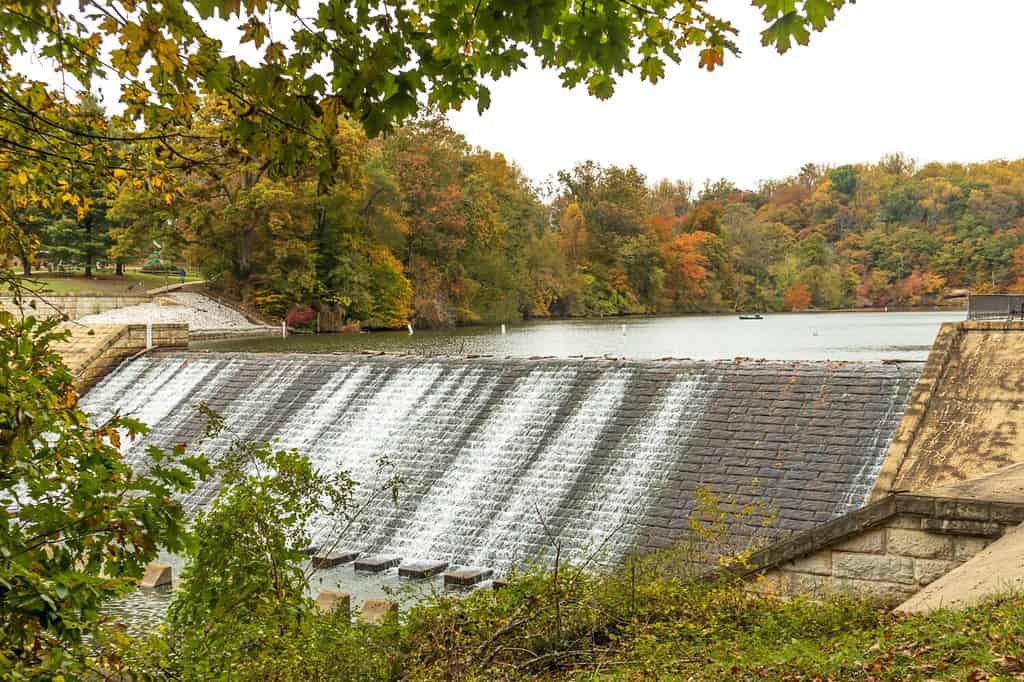 The Lake Roland Dam in Baltimore, Maryland in fall. landscape
