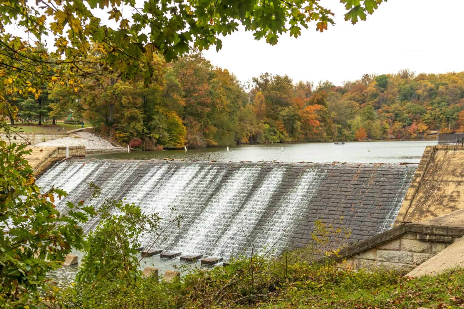 The Lake Roland Dam in Baltimore, Maryland in fall. landscape