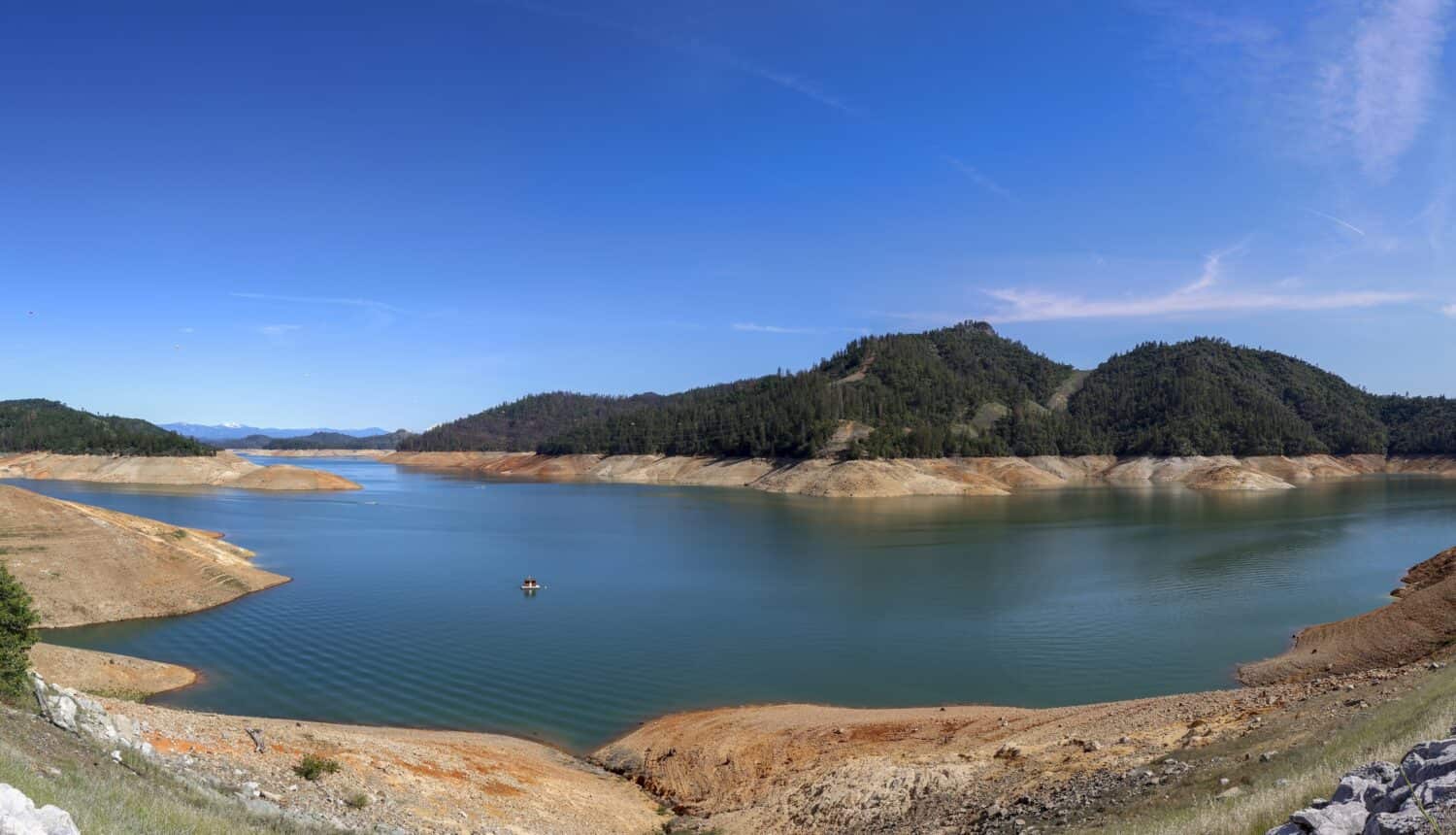 High angle and panoramic view of exposed soil due to drought at Oroville Lake at California, USA