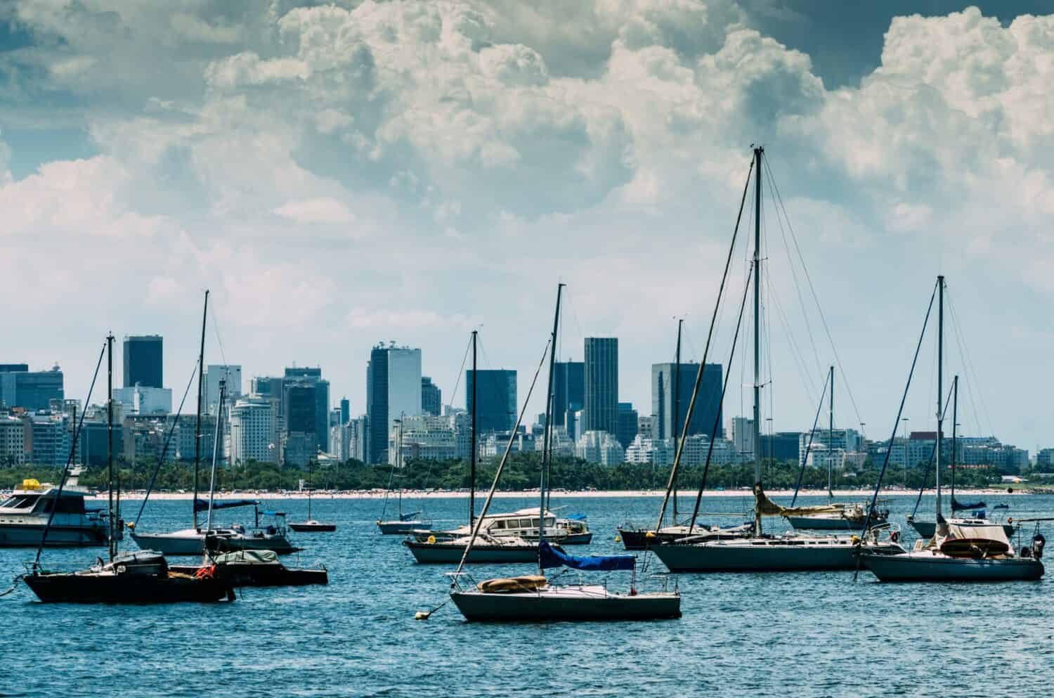 Scenic View of boats on Guanabara bay in Rio de Janeiro with skyline in the background