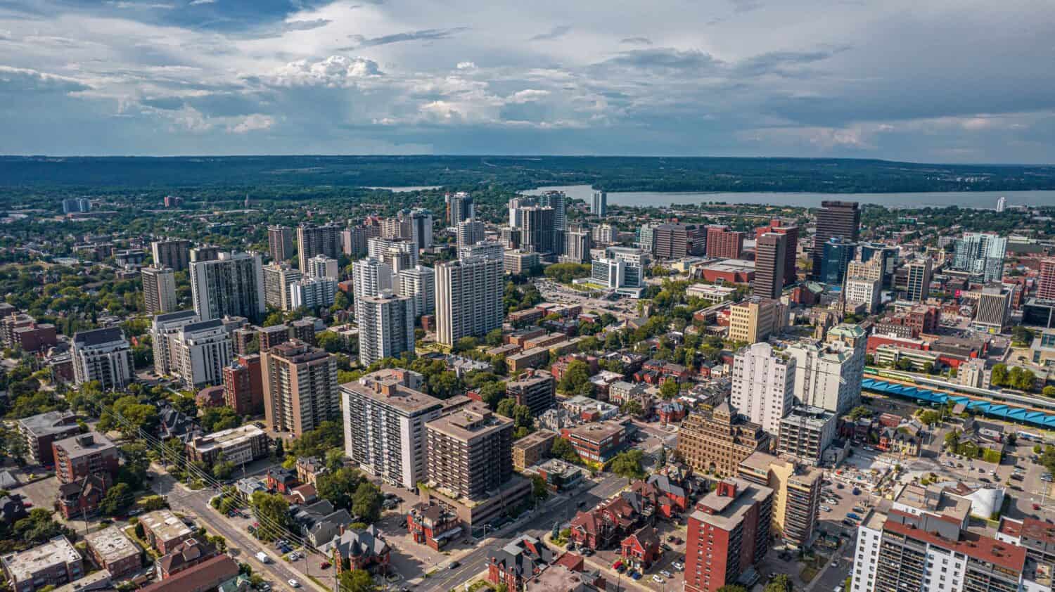 An aerial cityscape of Hamilton, Ontario