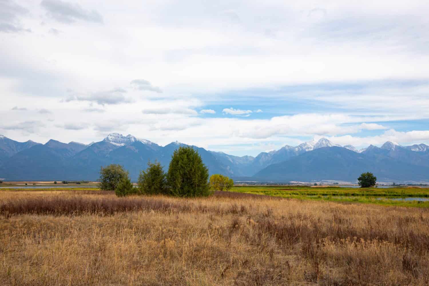 Destination scenic view over grasslands and out toward distant snow clad mountains of Bison Range Reserve on Flathead Indian Reservation in Montana