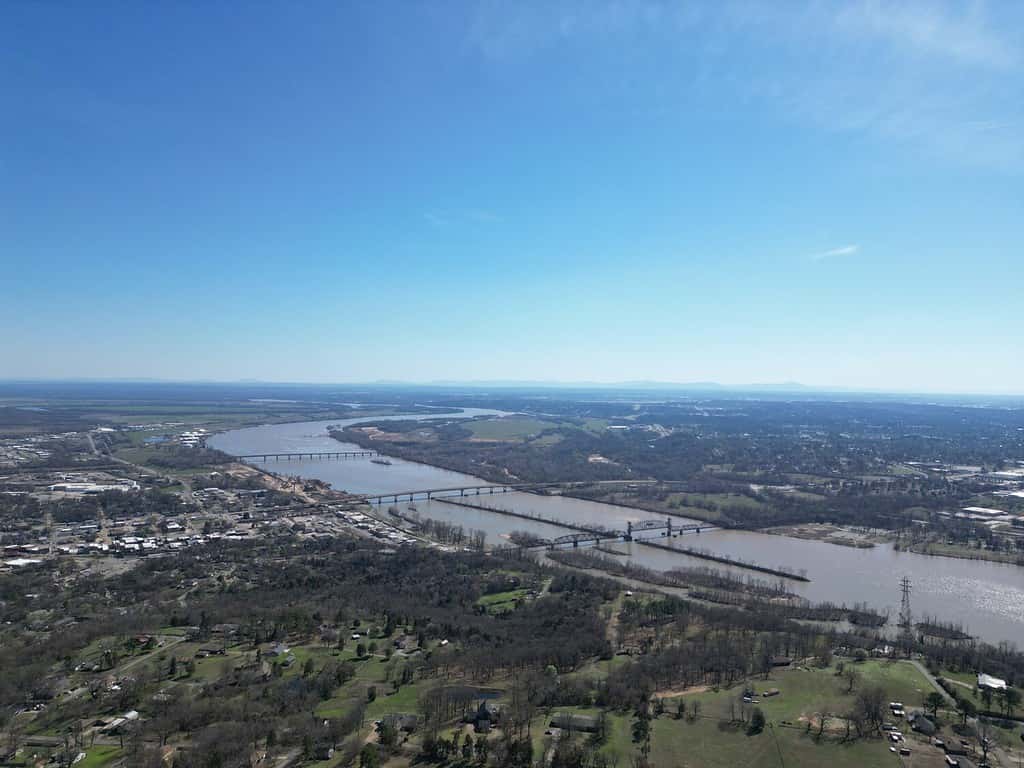 View of the Arkansas River from Mount Vista in Van Buren. Train bridges, highway bridges, and interstate bridges into Fort Smith.