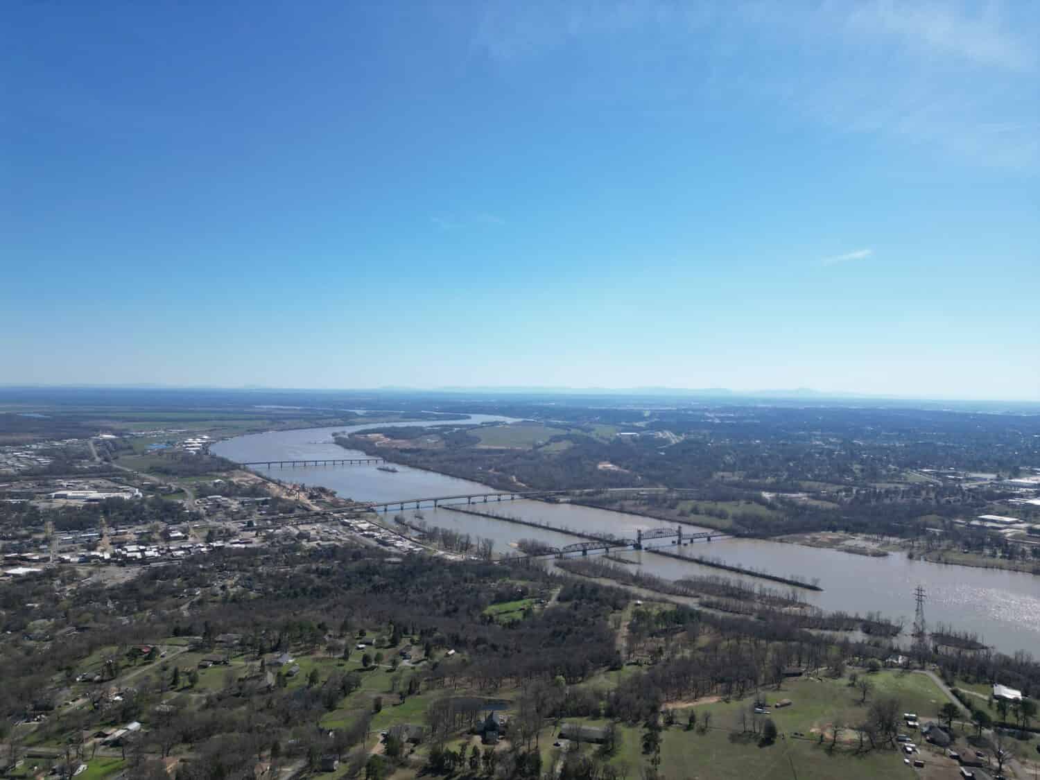 View of the Arkansas River from Mount Vista in Van Buren.  Train bridges, highway bridges, and interstate bridges into Fort Smith.