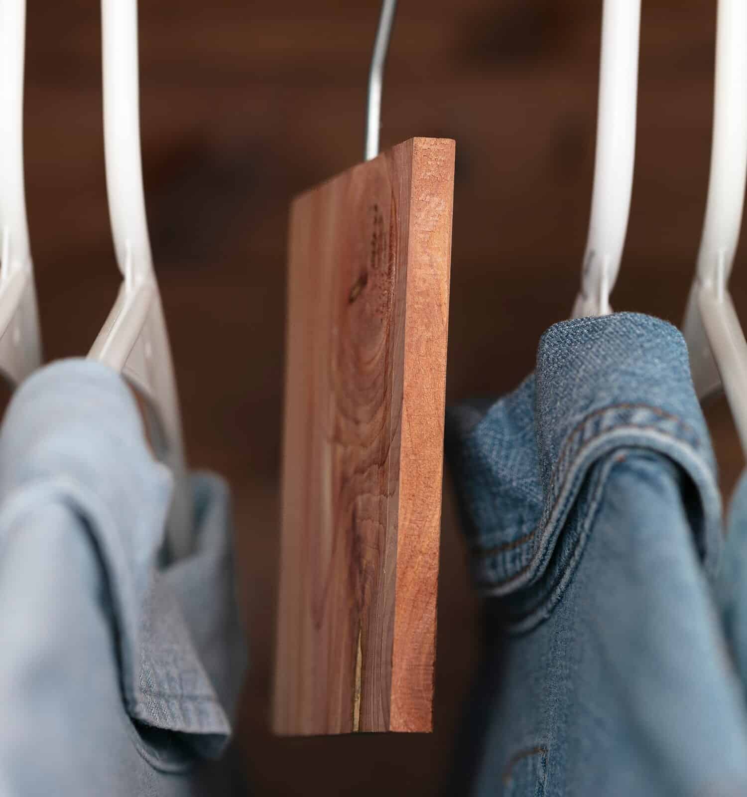 Aromatic cedar block hanging in a closet.