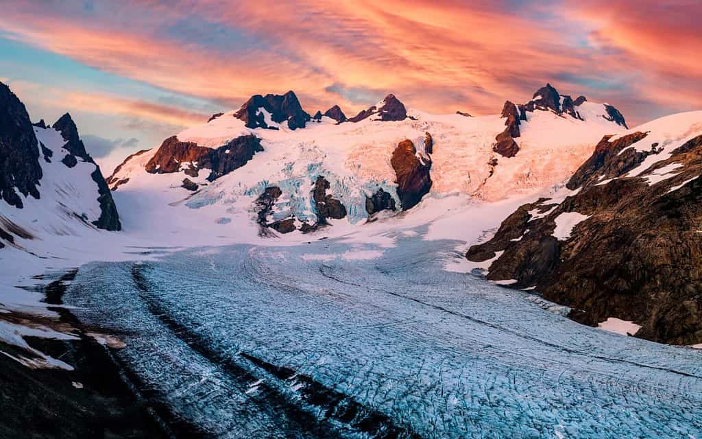 Sunrise Illuminates the Icefall of the Blue Glacier on Mt Olymus. Olympic National Park, Washington.