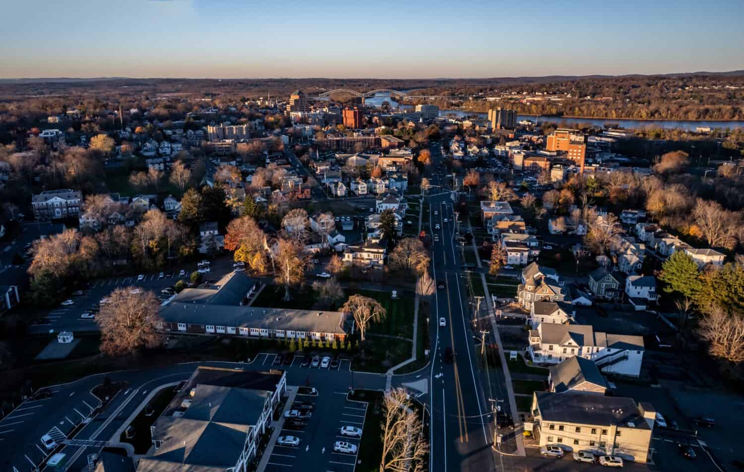 Aerial view of Middletown, CT, at sunset in November 