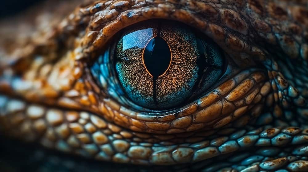 Alligator eyes through macro photography, revealing their unique textures and mesmerizing colors.