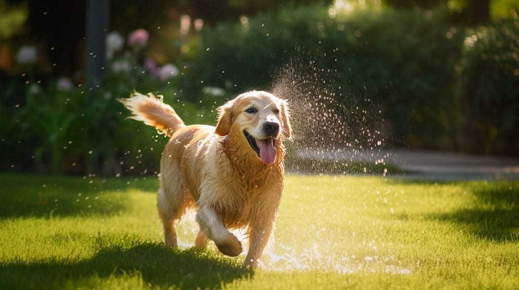 Smiling face cute Golden Retriever running and playing with sprinkled water on a grass lawn in summer.