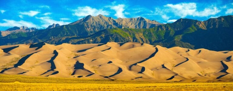 Panoramic photopgraph of Great Sand Dunes National Park in Colorado.