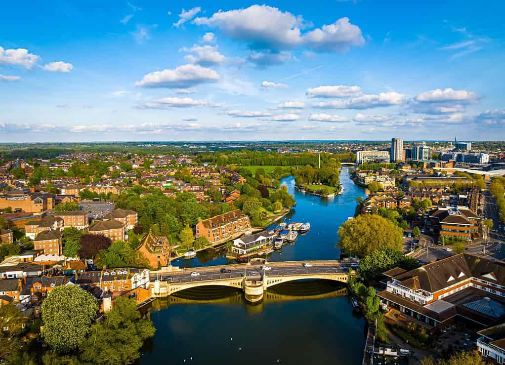 Aerial view of Reading, a large town on the Thames and Kennet rivers in southern England, UK