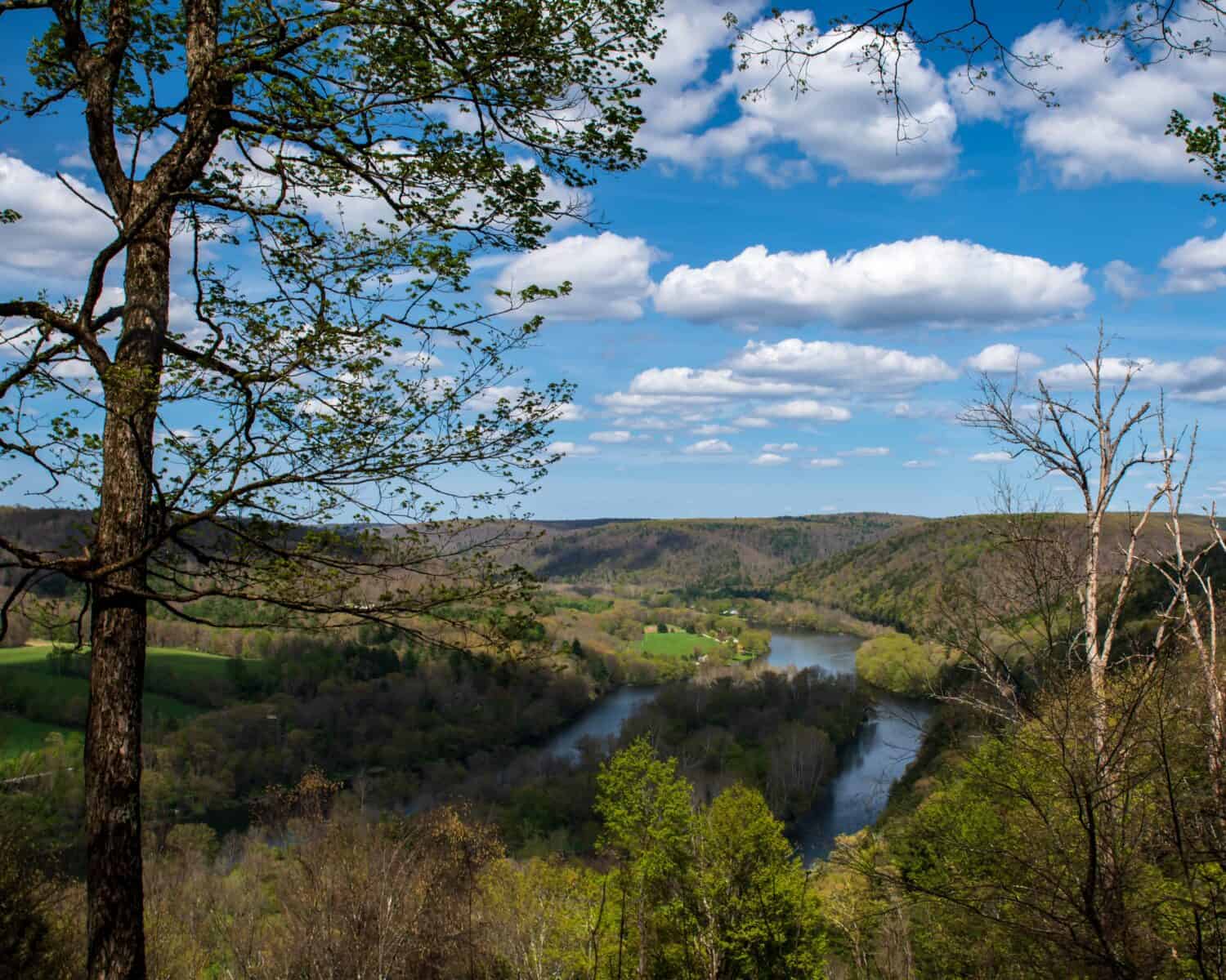 The view from the Tidioute Overlook of the Allegheny River valley on a sunny spring day