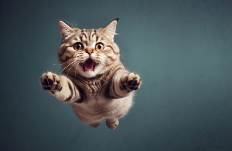 funny cat flying. photo of a playful tabby cat jumping mid-air looking at camera. background with copy space