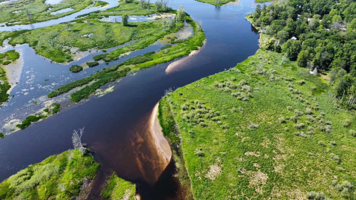 Peshtigo River. Quiet midday river from the air. 