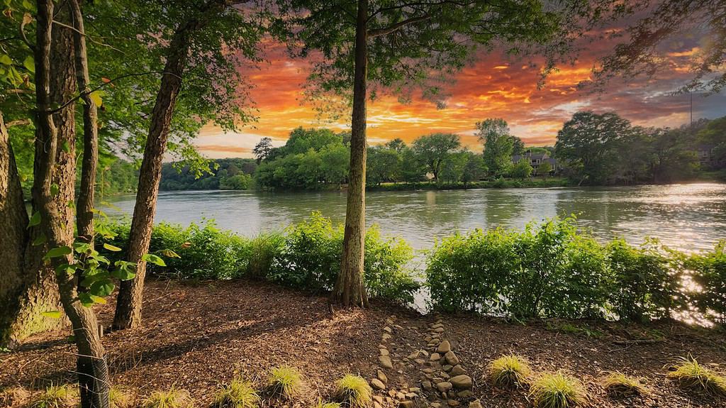 A gorgeous spring landscape along the Chattahoochee River with lush green trees, grass and plants and colorful flowers with powerful clouds at sunset at Ray’s on the River in Sandy Springs Georgia