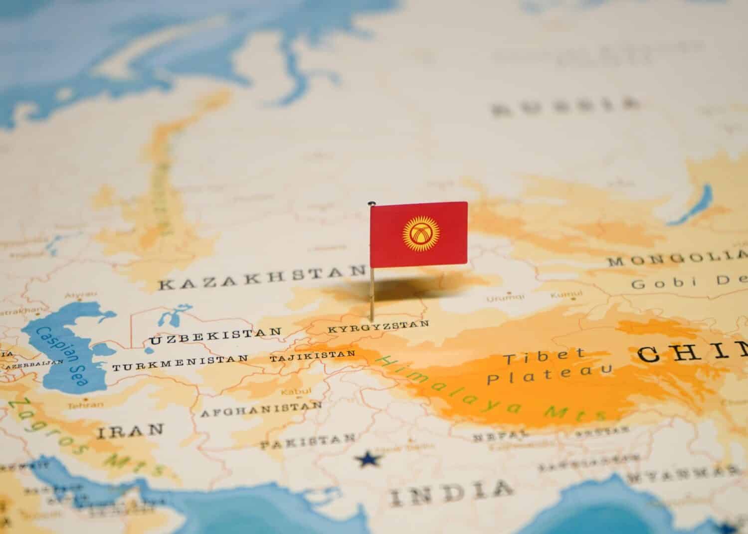 The Flag of Kyrgyzstan on the World Map.