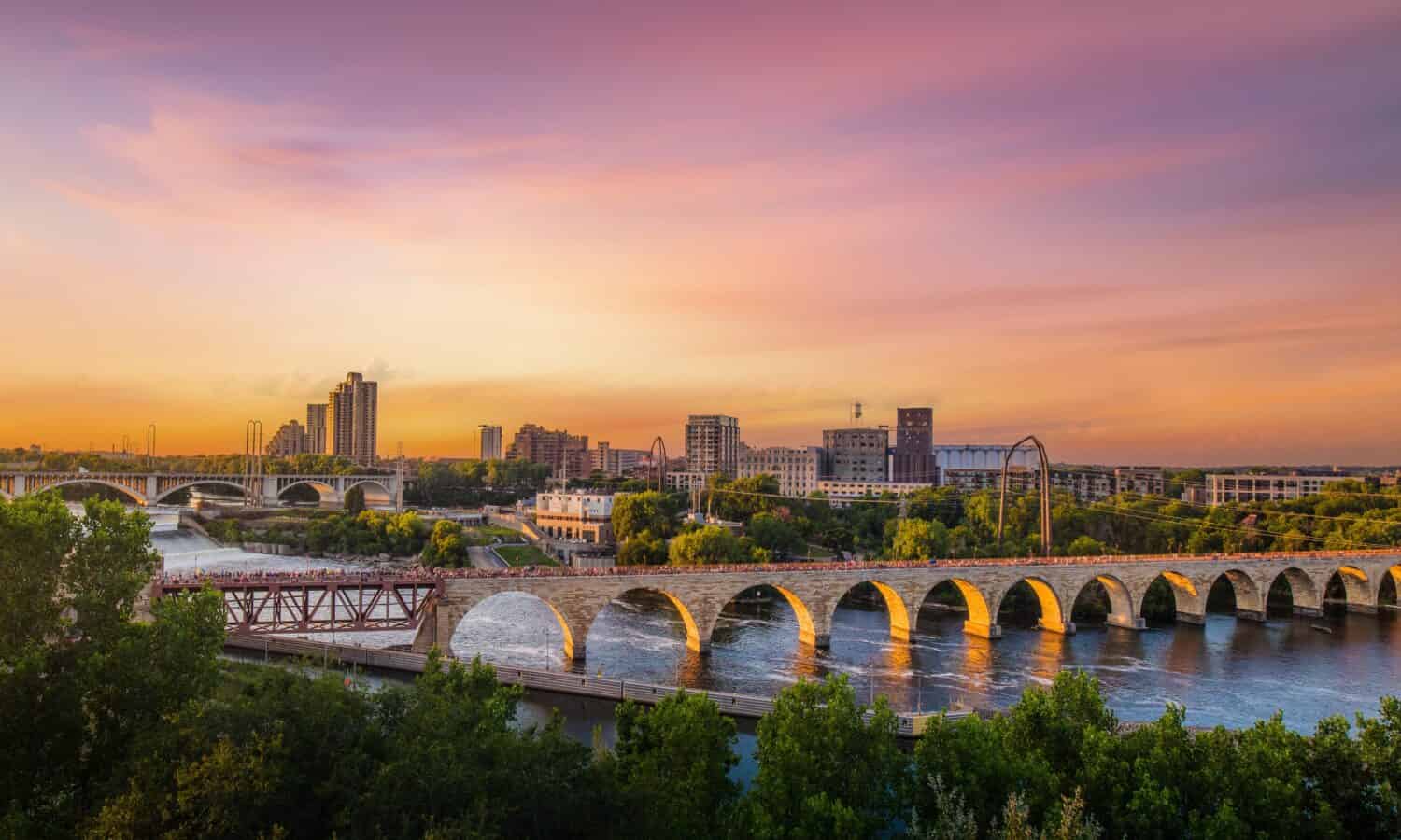 Minneapolis Minnesota at Sunset on the Mississippi River,