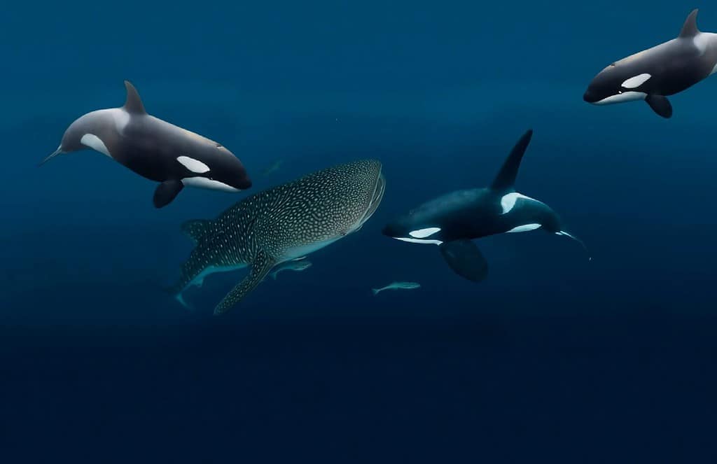 Aggressive killer whales attack a peaceful whale shark in the blue depths of the sea