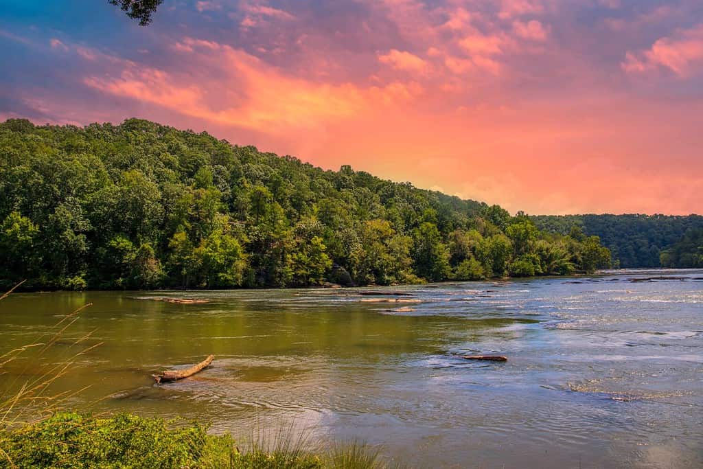 a gorgeous summer landscape along the Chattahoochee river with flowing water surrounded by lush green trees, grass and plants with powerful clouds at sunset in Atlanta Georgia USA